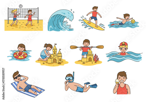 Beach activities depicted surfing swimming sandcastles volleyball sunbathing snorkeling paddle ice cream etc