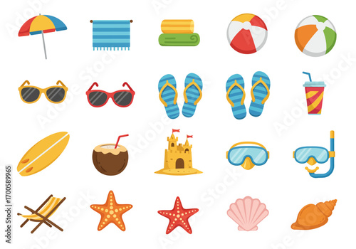 Beach essentials icons umbrella towels sunglasses beach balls surfboard starfish and shells on a white background