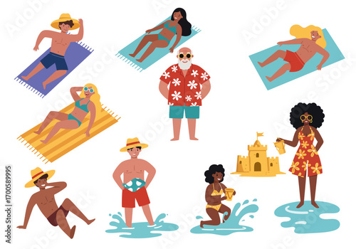 Beach scene people sunbathing swimming making sandcastles and enjoying vacation