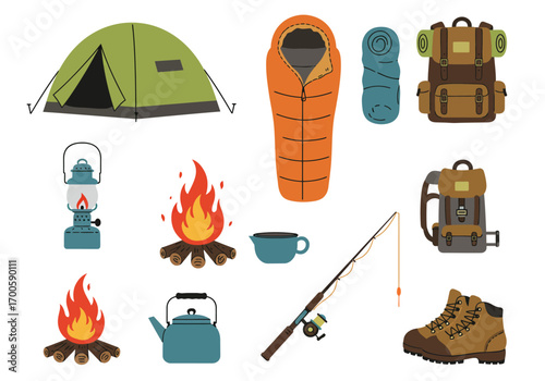 Camping gear assortment with tent sleeping bag backpacks fire boots and fishing pole