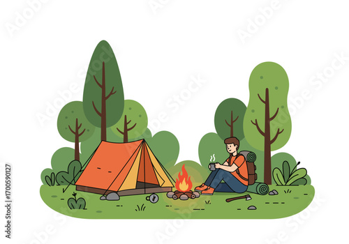 Cartoon camper sits by campfire with tent axe and trees behind