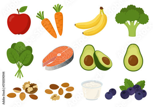 Cartoon assortment of healthy foods including fruits vegetables nuts yogurt and salmon on a white background