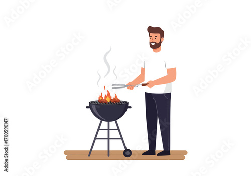 Cartoon man grills meat on a black grill with flames and smoke standing on a wooden surface