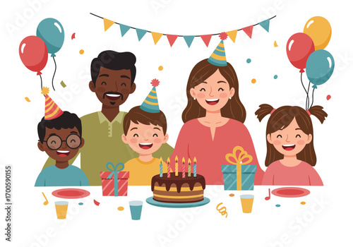 Cartoon family celebrating a birthday with cake gifts balloons and party hats