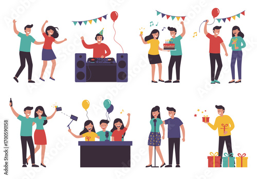 Cartoon illustrations of people celebrating including dancing DJing singing and giftgiving