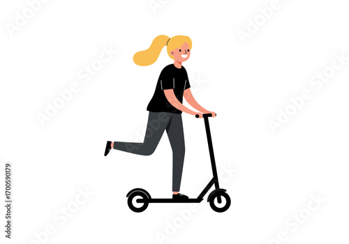Cartoon woman with blond ponytail riding a black scooter on a white background