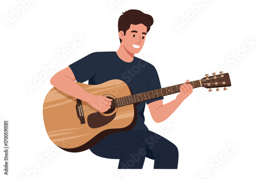 Cartoon man plays a wooden acoustic guitar smiling