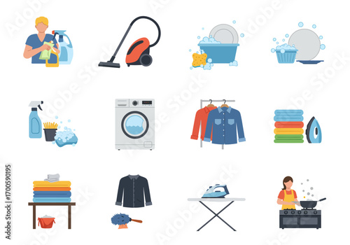 Cleaning icon set features person cleaning a vacuum washing machine dishes and clothing