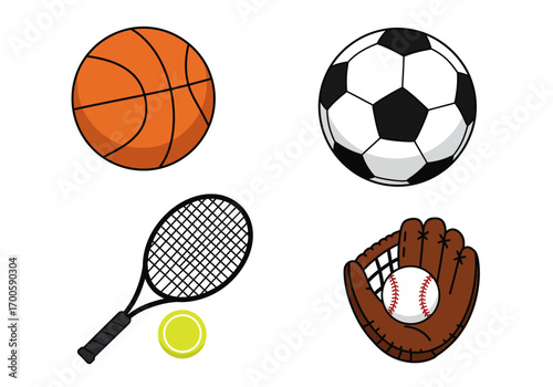Features a basketball soccer ball tennis racket with ball and baseball in a glove
