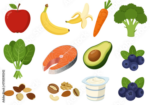 Food items apple banana carrot broccoli spinach salmon avocado blueberries nuts and yogurt