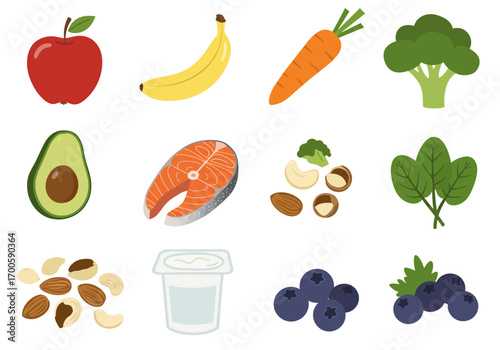 Food collage apple banana carrot broccoli avocado salmon nuts spinach yogurt and blueberries