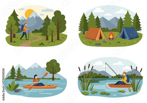 Four outdoor scenes hiking camping kayaking  fishing