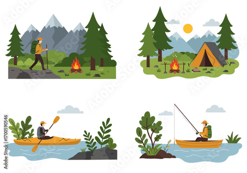Four outdoor scenes hiking camping kayaking and fishing