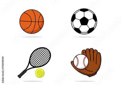 Four sporting icons basketball soccer ball tennis racketball and baseball glove with ball