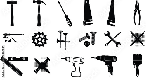 Black and white tools icons set including hammer, screwdriver, saw, pliers, wrench, nails, bolts, drill, ruler, paintbrush, and gear