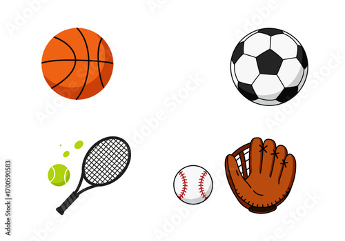 Four squares each show a basketball soccer ball tennis set and baseball with glove