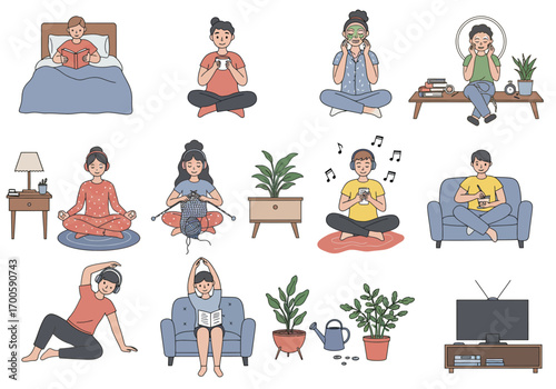 Illustrations depict people enjoying leisure activities at home including reading knitting yoga skincare and listening to music