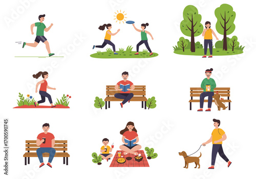 Illustrations show park activities jogging frisbee reading picnicking phone use dog walking couple walking