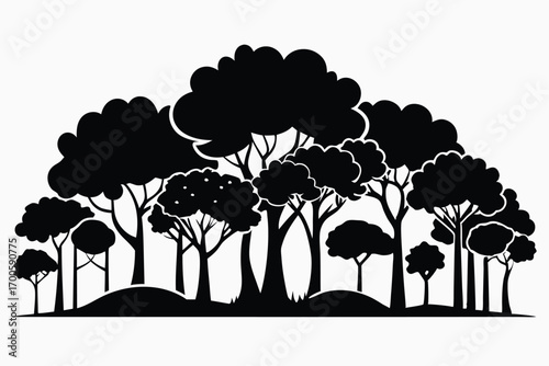 Black Silhouette Illustration of Forest Trees and Bushes with Thick Foliage Pattern