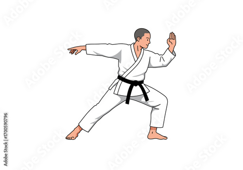 Karate practitioner in white uniform black belt executing a stance
