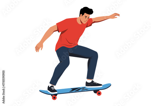 Man on skateboard red shirt blue pants black shoes orange wheels