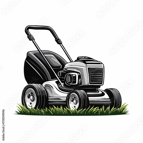 Stylized black and white push lawn mower illustration sitting on a vibrant green grass patch, isolated for landscaping and gardening concepts