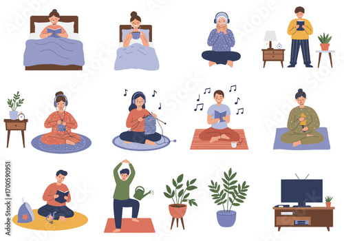 Multiple people enjoying leisure activities including reading knitting yoga and watching TV in a cozy setting