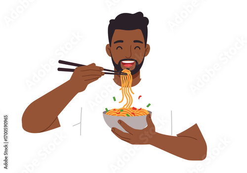 Man with dark hair eats noodles with chopsticks from bowl