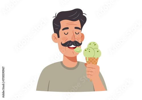 Man with mustache enjoys green ice cream eyes closed