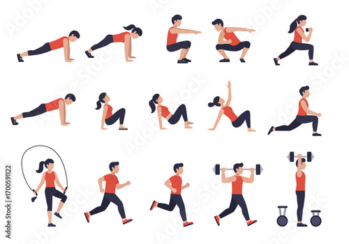 People exercising doing pushups squats lunges running skipping rope lifting weights and kettlebells