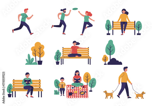 People enjoy outdoor activities in a park setting with trees and benches