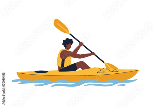 Person kayaking in yellow kayak wearing life jacket black paddle