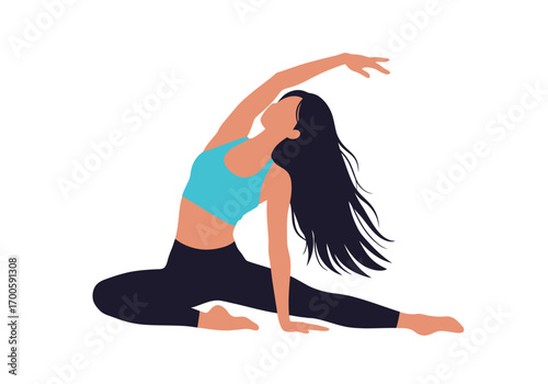 Silhouette person arms raised overhead doing yoga black leggings teal top long flowing hair light background