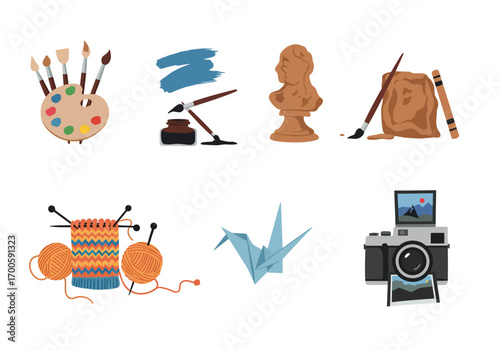 Six illustrations painting writing sculpting clay knitting origami and photography symbols