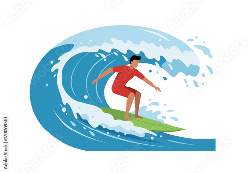 Surfer rides wave on green board red shirt