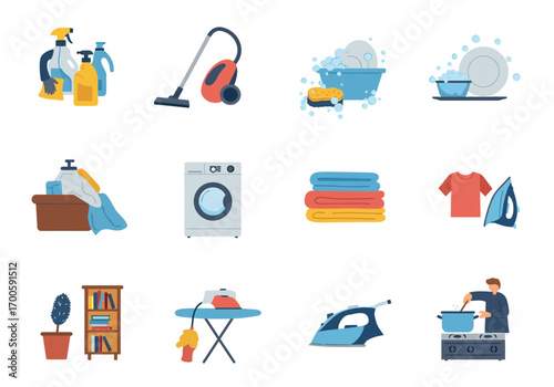 Twelve cartoonstyled household tasks or appliances icons are arranged in a grid format on a white background