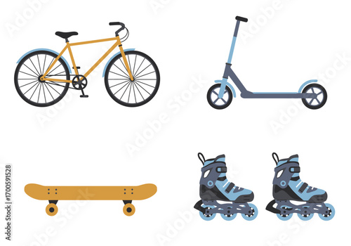 The image shows a bike scooter skateboard  pair of roller skates on a white background