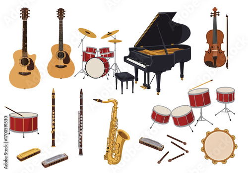 Variety of musical instruments including guitars piano drums saxophone and violin