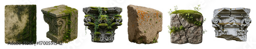 Weathered stone elements set including ancient column capitals, cracked rocks, and mossy blocks isolated. Architectural and natural ruins collection.