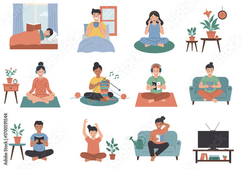 Various people relaxing with hobbies and interests in different poses