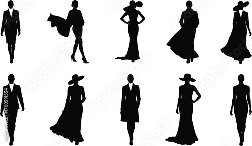 Black silhouette women fashion models, walking poses, stylish dresses, high heels, hats, elegant outfits, isolated white background, fashion illustration