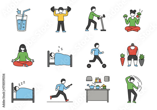 Various icons depict healthy living hydrating exercising sleeping meditating eating vegetables cooking and other selfcare activities