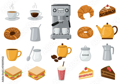 Vector art presents coffee shop items drinks pastries machine tableware  sandwiches