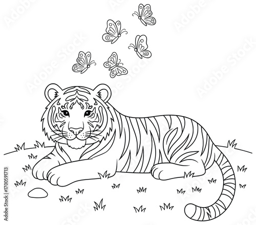 Tiger vector illustration of a relaxed cub lying on grass with several butterflies fluttering above drawn in bold smooth cartoon outlines for creative wildlife and nature themed projects