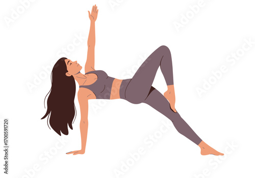 Woman in side plank yoga pose one arm raised wearing leggings and a sports bra