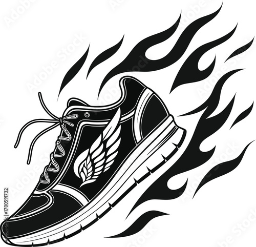 Flaming Running Shoe Vector Graphic, Dynamic Athletic Footwear with Wings and Fire, Fast Sneaker with Abstract Flame Design, Racing Shoe with Wings and Speed Lines