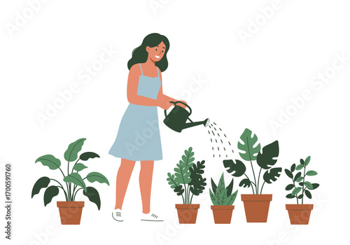 Woman watering plants in pots dress watering can foliage