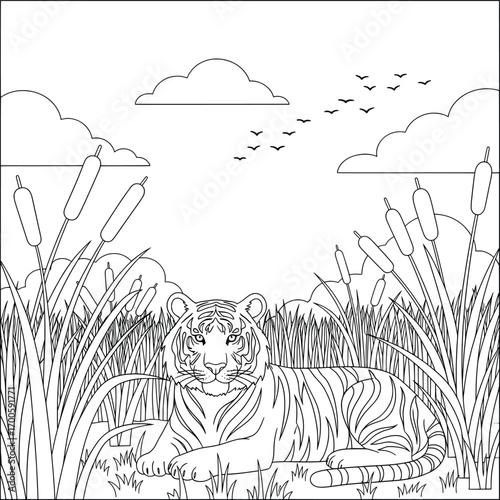 Tiger vector illustration of a majestic feline resting calmly in tall grass surrounded by reeds with clouds and flying birds above drawn in bold smooth cartoon outlines for creative wildlife projects