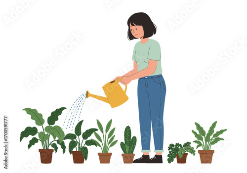 Woman waters houseplants in pots with a yellow watering can