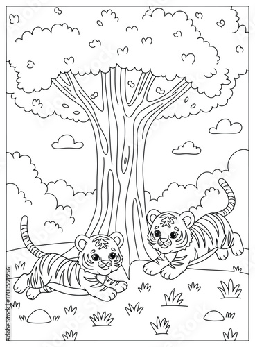 Tiger vector illustration of two playful cubs running happily under a large tree surrounded by grass and clouds drawn in bold smooth cartoon outlines for creative wildlife and nature themed projects